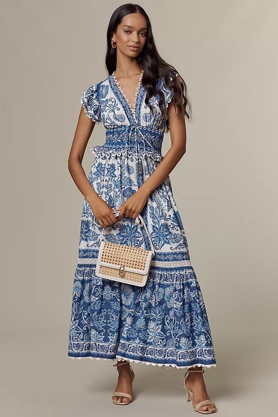 Farm Rio Shell Garden Maxi Dress Blue & White New With Tags Small